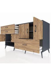 Kronos Konsol 3 Raflı 3 Çekmeceli 4 Kapaklı 176x59x99 Antrasit-Çam