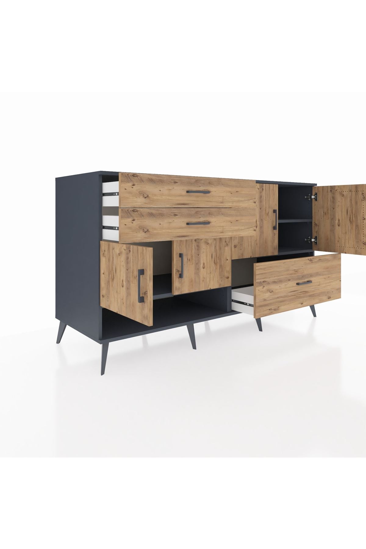 Kronos Konsol 3 Raflı 3 Çekmeceli 4 Kapaklı 176x59x99 Antrasit-Çam