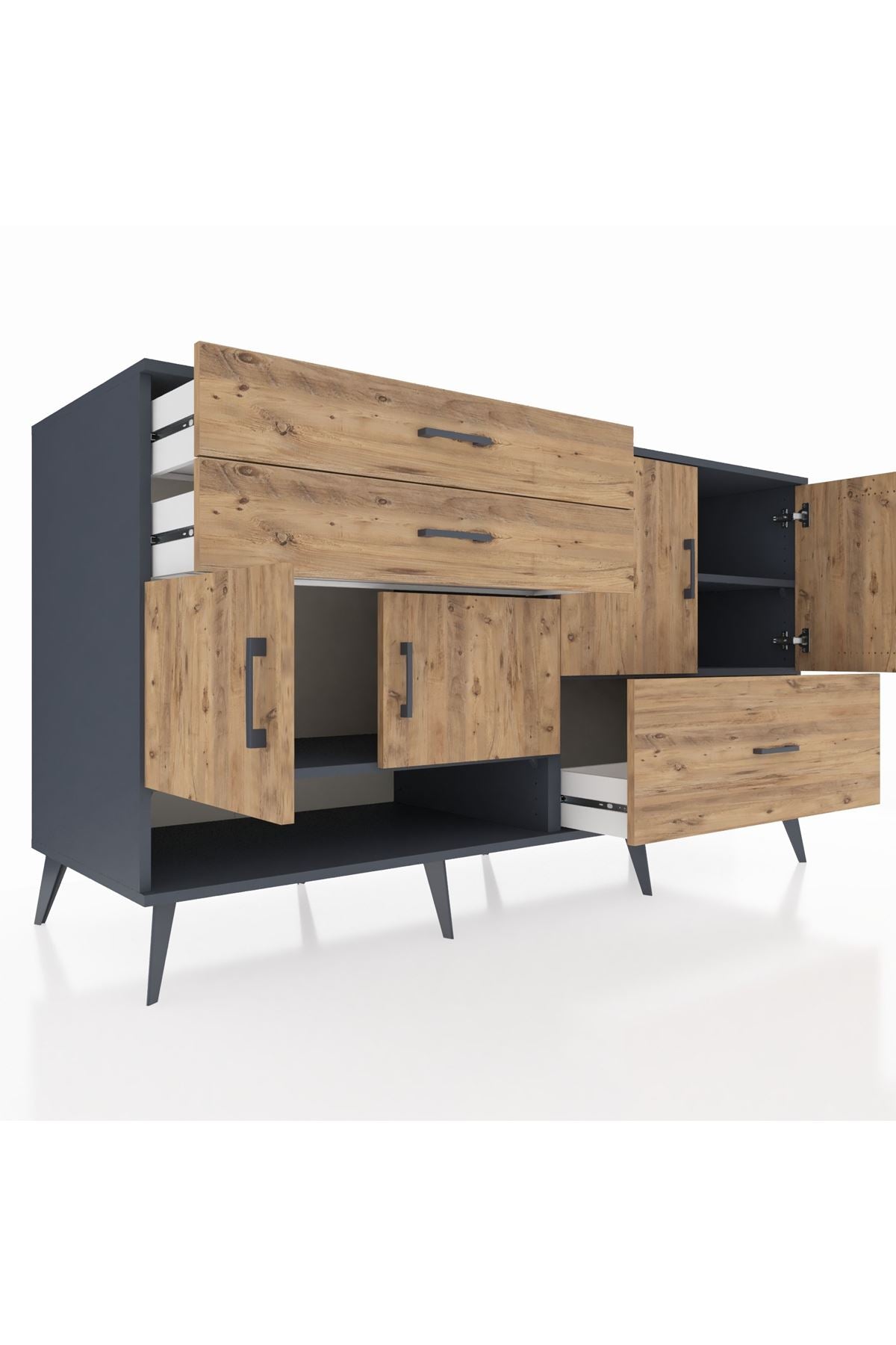 Kronos Konsol 3 Raflı 3 Çekmeceli 4 Kapaklı 176x59x99 Antrasit-Çam