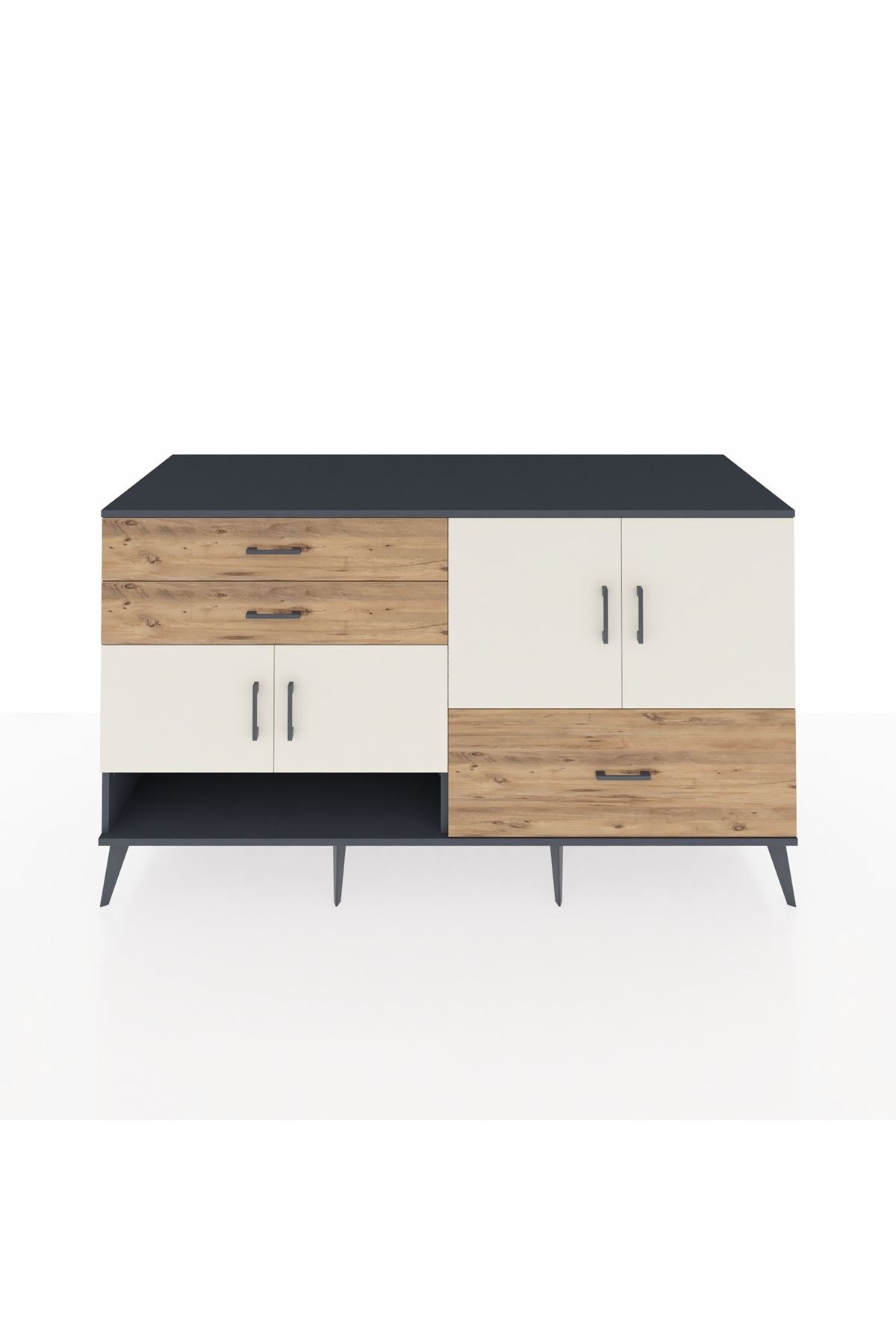 Kronos Konsol 3 Raflı 3 Çekmeceli 4 Kapaklı 176x59x99 Antrasit-Aytaşı/Çam