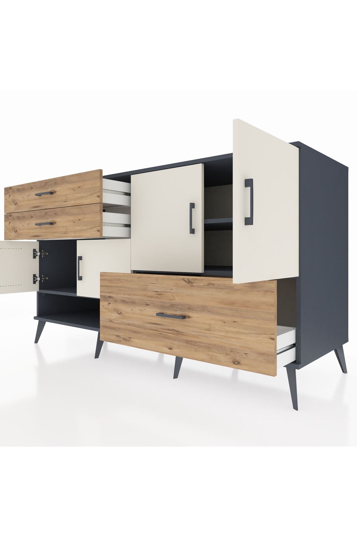 Kronos Konsol 3 Raflı 3 Çekmeceli 4 Kapaklı 176x59x99 Antrasit-Aytaşı/Çam