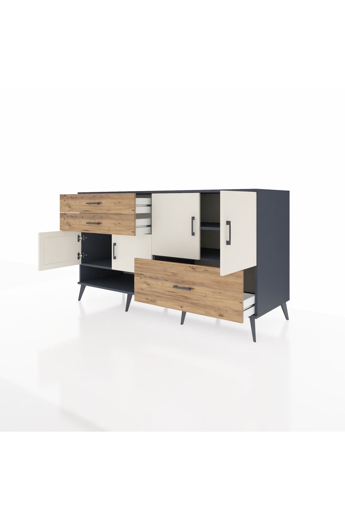 Kronos Konsol 3 Raflı 3 Çekmeceli 4 Kapaklı 176x59x99 Antrasit-Aytaşı/Çam