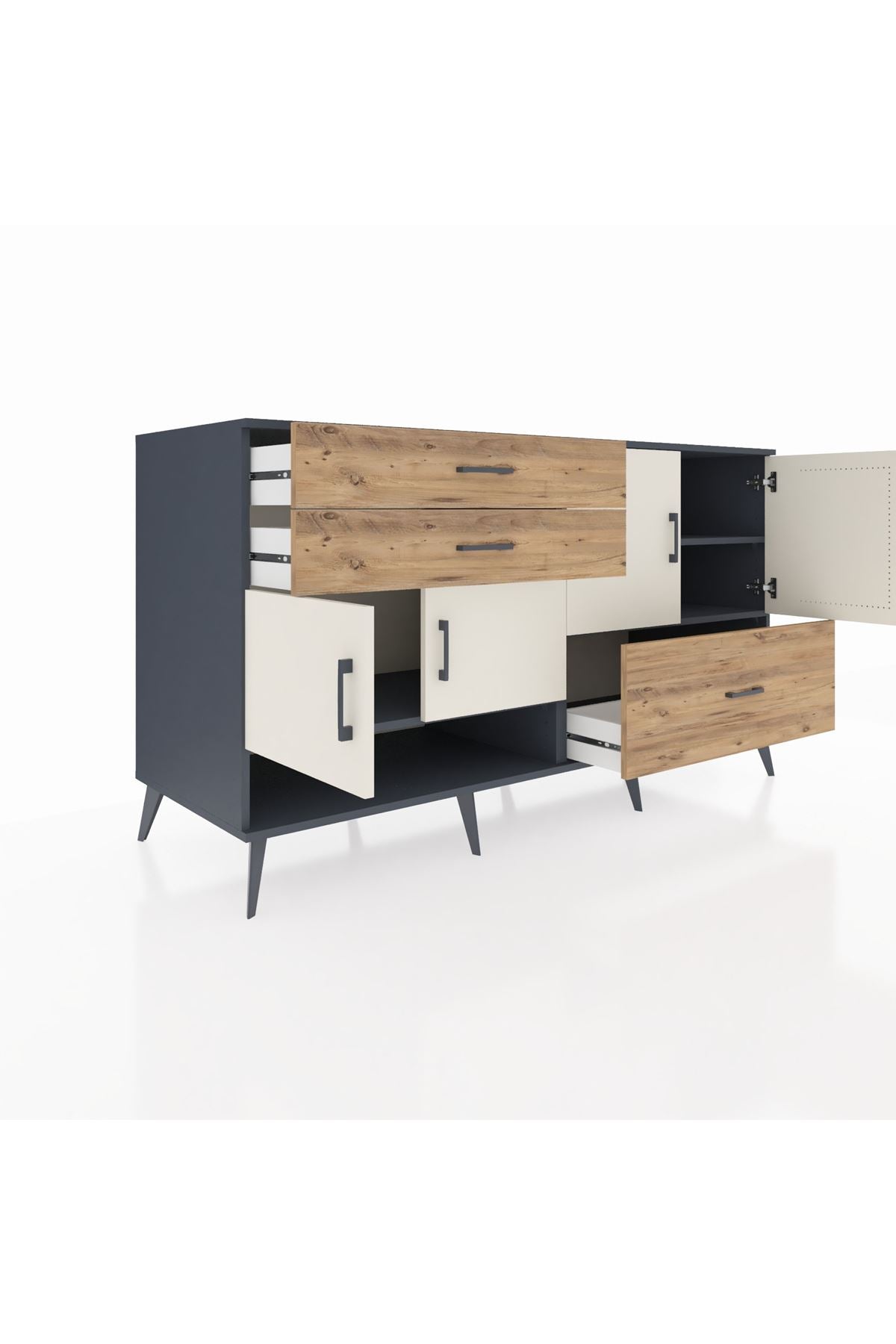 Kronos Konsol 3 Raflı 3 Çekmeceli 4 Kapaklı 176x59x99 Antrasit-Aytaşı/Çam