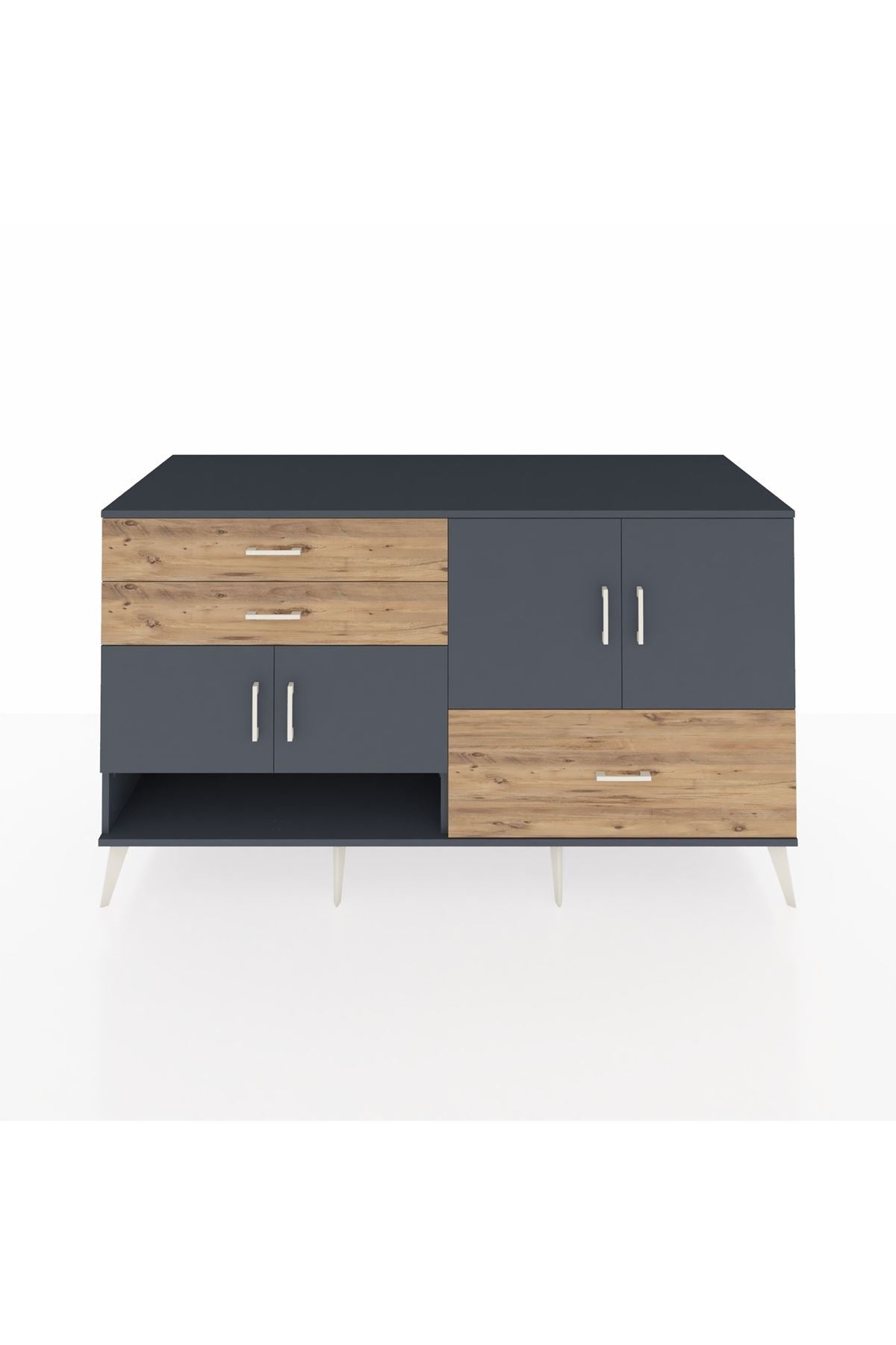 Kronos Konsol 3 Raflı 3 Çekmeceli 4 Kapaklı 176x59x99 Antrasit-Antrasit/Çam