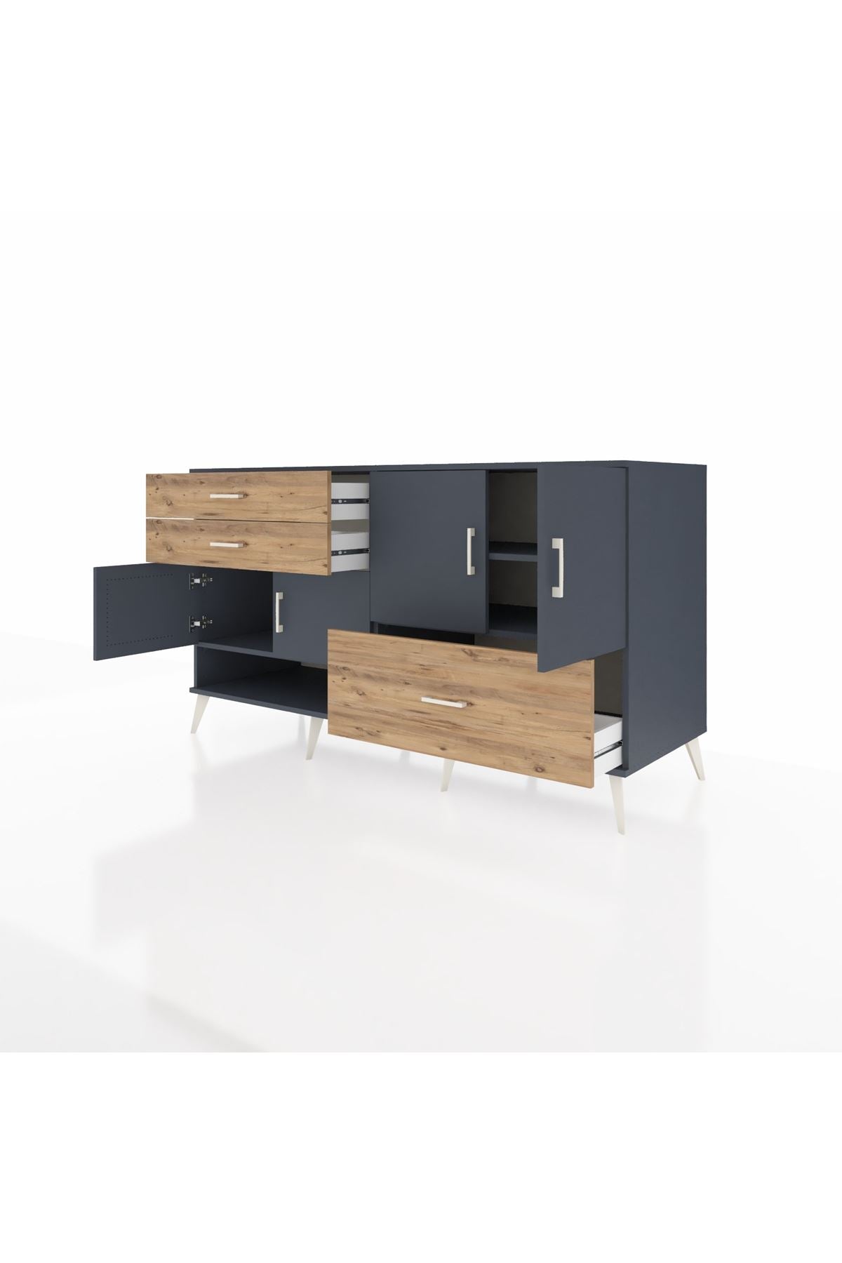 Kronos Konsol 3 Raflı 3 Çekmeceli 4 Kapaklı 176x59x99 Antrasit-Antrasit/Çam