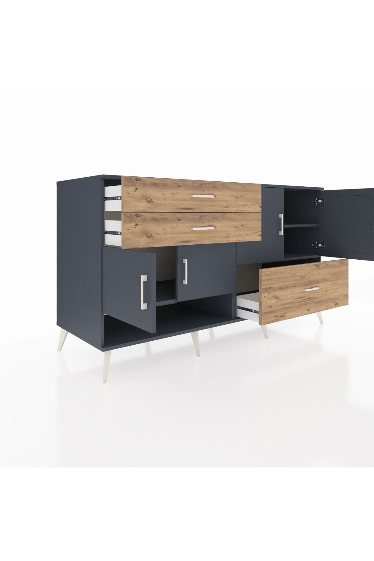 Kronos Konsol 3 Raflı 3 Çekmeceli 4 Kapaklı 176x59x99 Antrasit-Antrasit/Çam