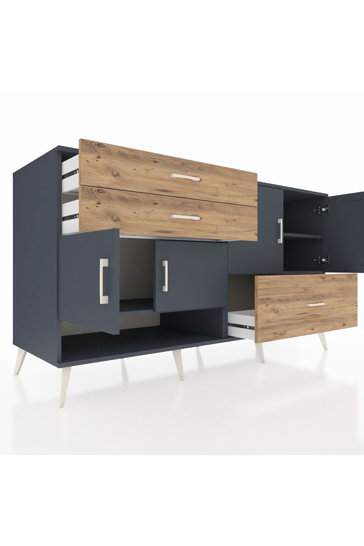 Kronos Konsol 3 Raflı 3 Çekmeceli 4 Kapaklı 176x59x99 Antrasit-Antrasit/Çam