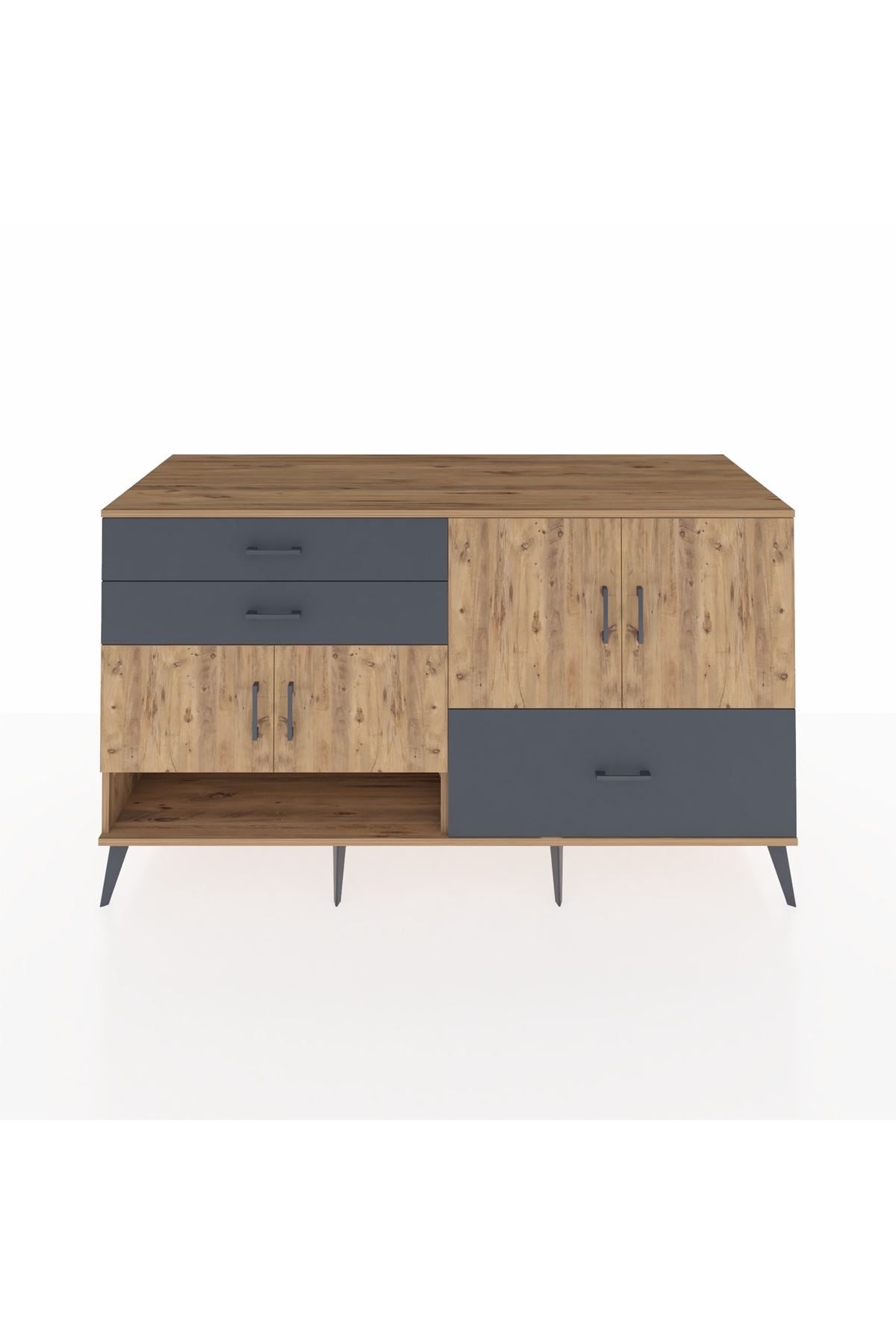 Kronos Konsol 3 Raflı 3 Çekmeceli 4 Kapaklı 176x59x99 Çam-Çam/Antrasit