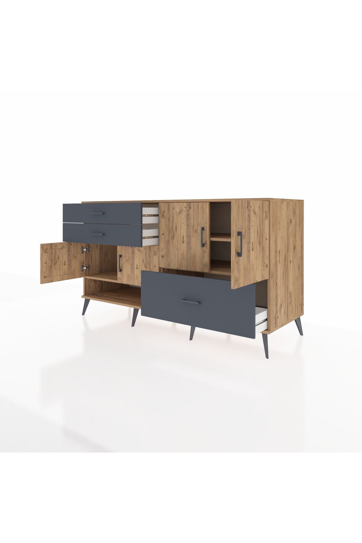 Kronos Konsol 3 Raflı 3 Çekmeceli 4 Kapaklı 176x59x99 Çam-Çam/Antrasit