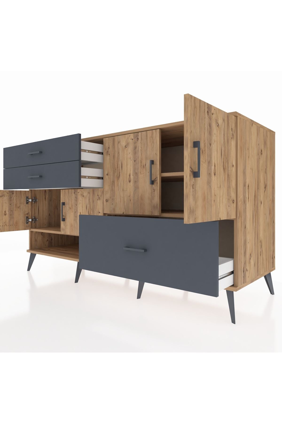 Kronos Konsol 3 Raflı 3 Çekmeceli 4 Kapaklı 176x59x99 Çam-Çam/Antrasit