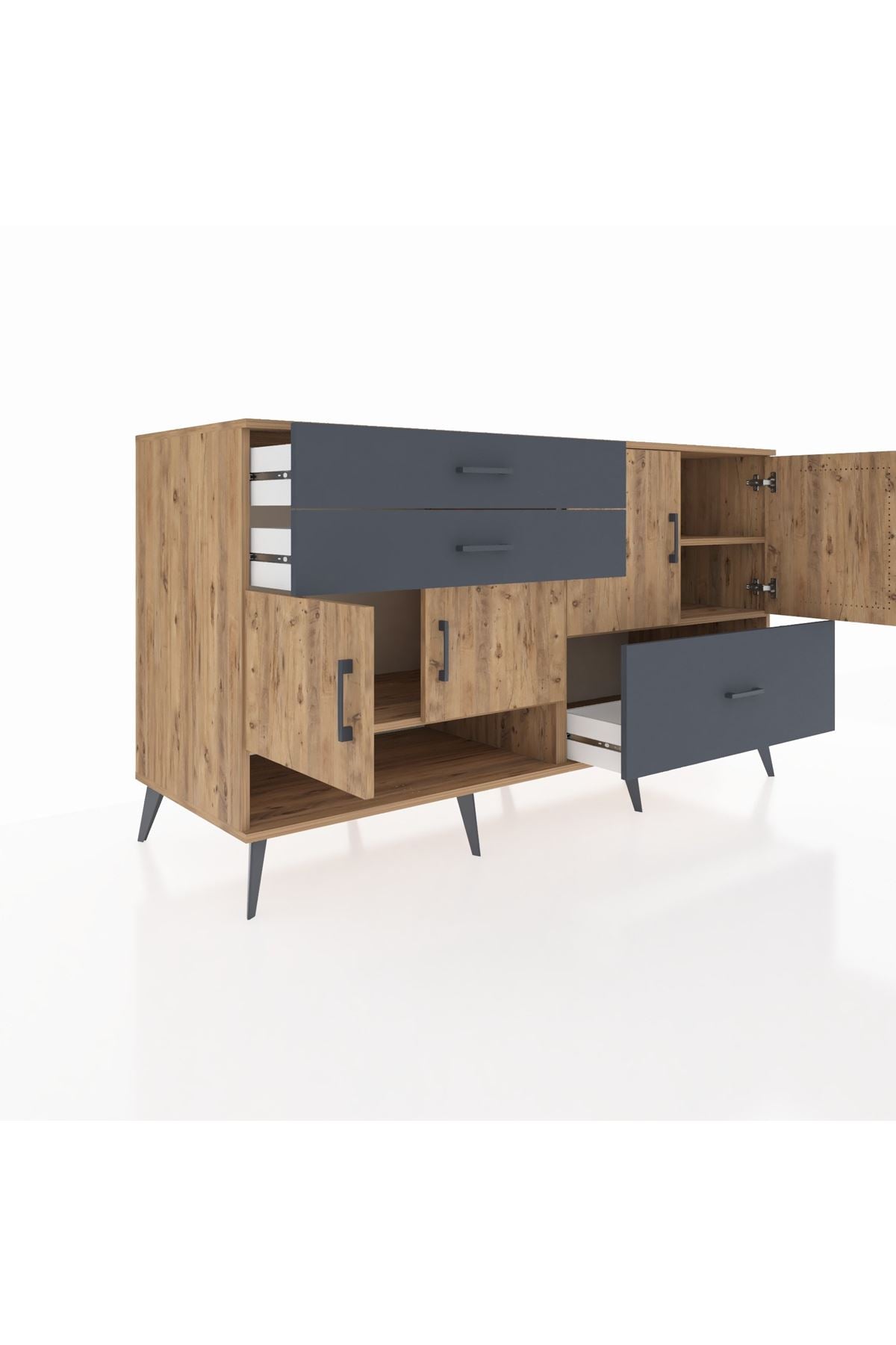 Kronos Konsol 3 Raflı 3 Çekmeceli 4 Kapaklı 176x59x99 Çam-Çam/Antrasit