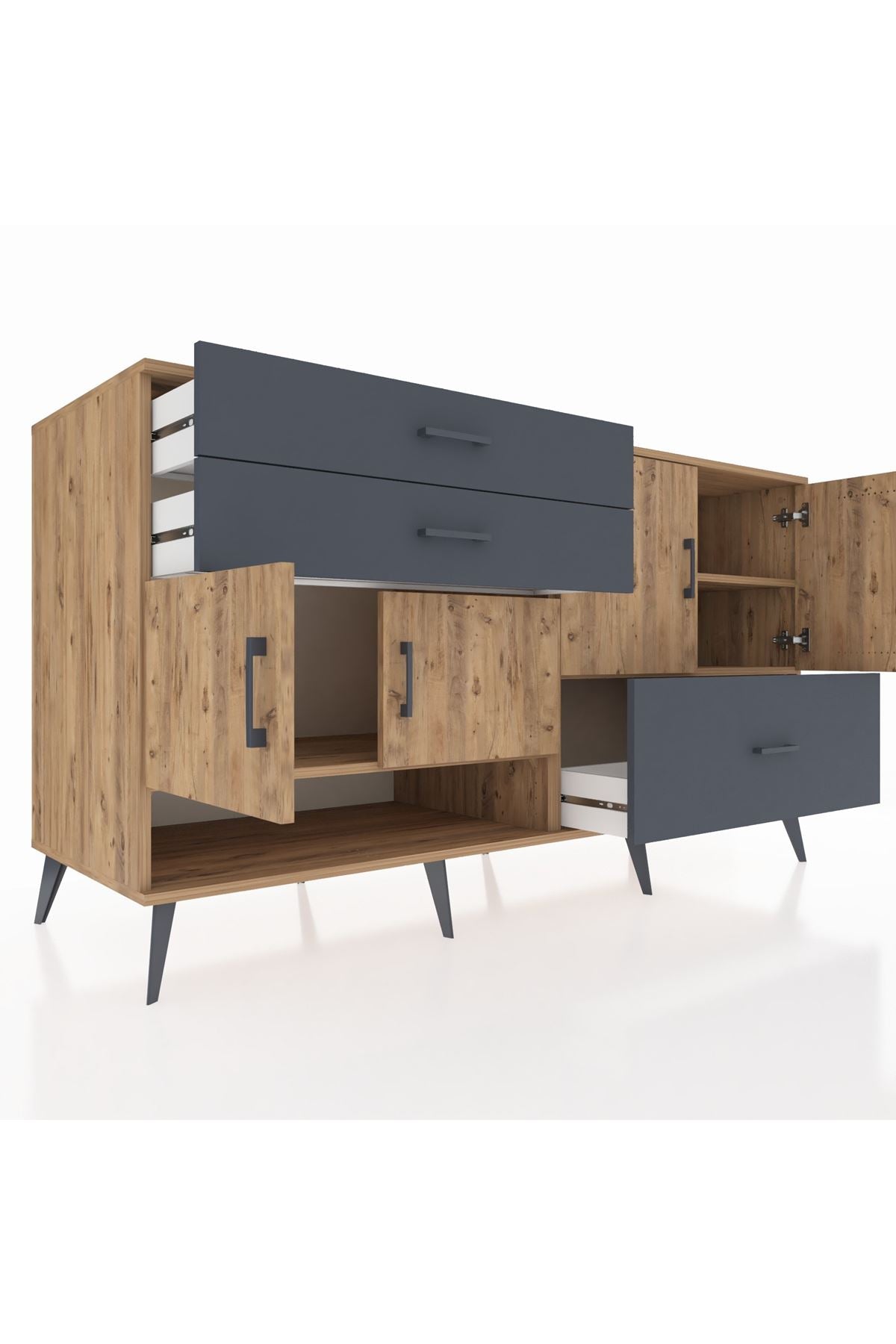 Kronos Konsol 3 Raflı 3 Çekmeceli 4 Kapaklı 176x59x99 Çam-Çam/Antrasit