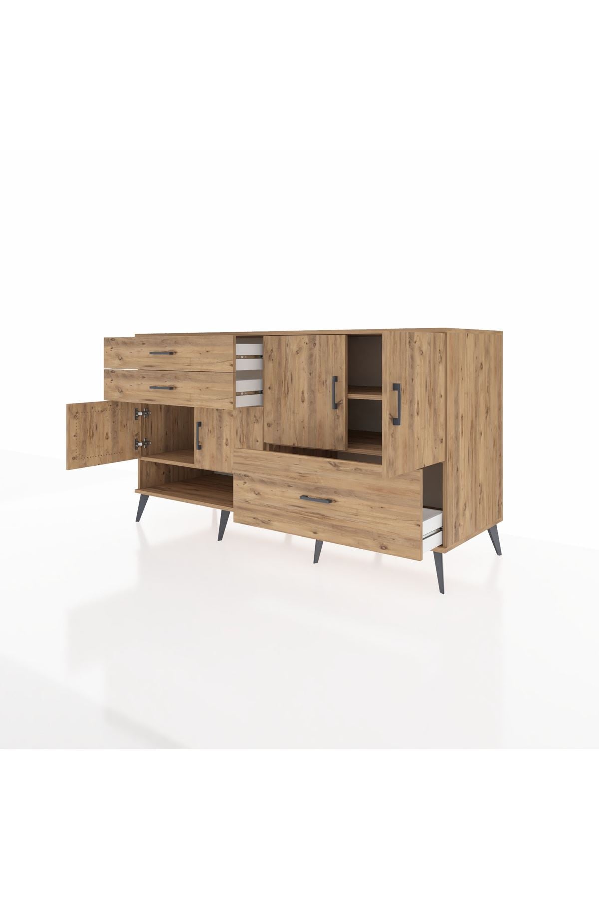 Kronos Konsol 3 Raflı 3 Çekmeceli 4 Kapaklı 176x59x99 Çam-Çam