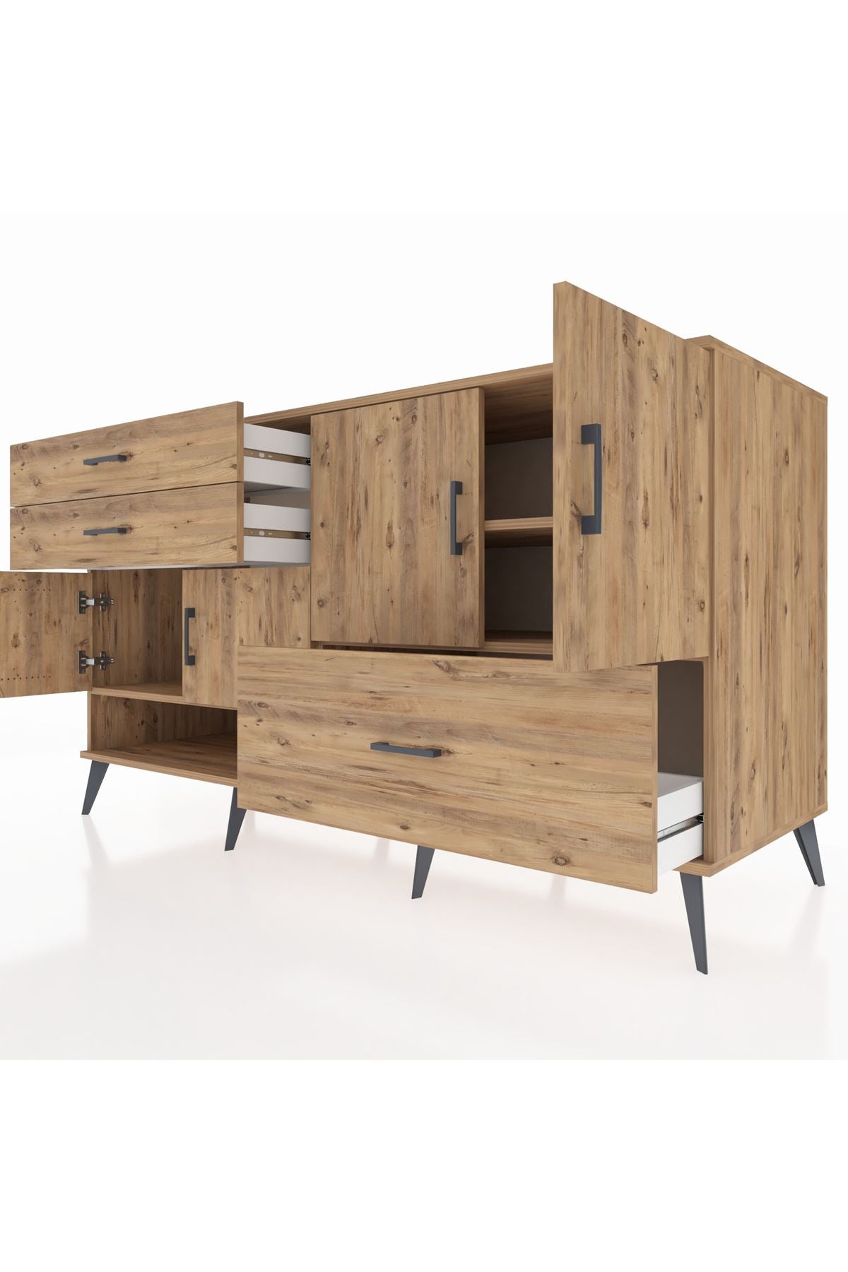 Kronos Konsol 3 Raflı 3 Çekmeceli 4 Kapaklı 176x59x99 Çam-Çam