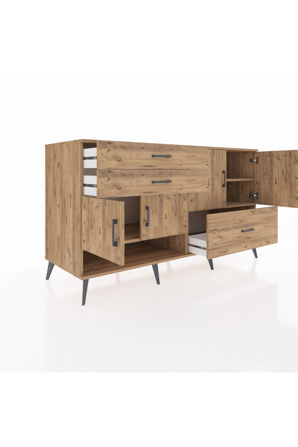 Kronos Konsol 3 Raflı 3 Çekmeceli 4 Kapaklı 176x59x99 Çam-Çam