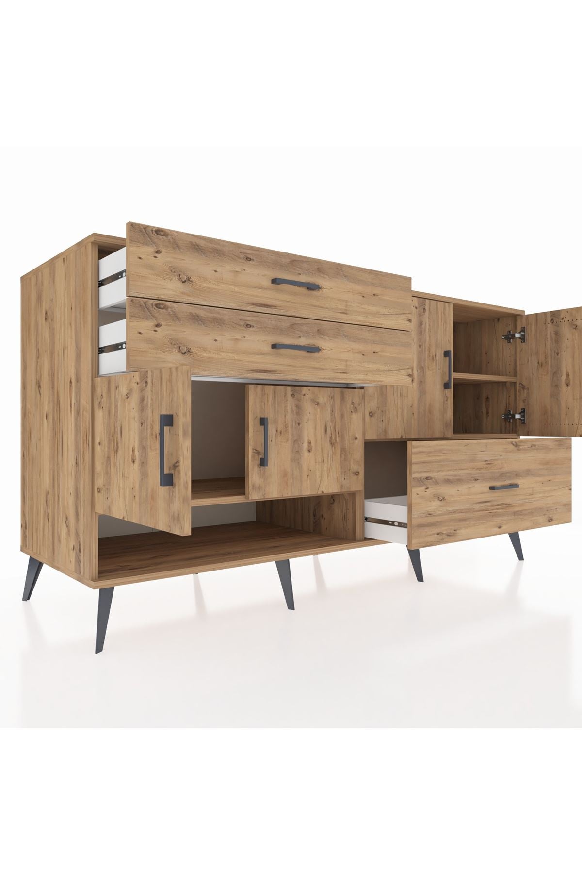 Kronos Konsol 3 Raflı 3 Çekmeceli 4 Kapaklı 176x59x99 Çam-Çam