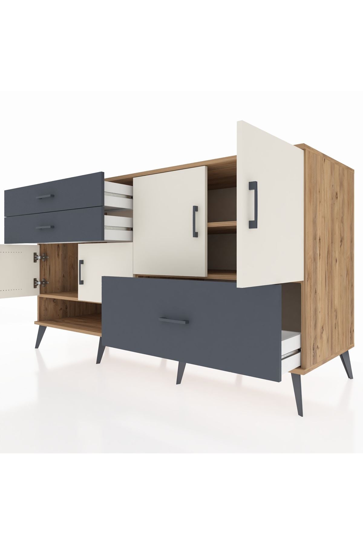 Kronos Konsol 3 Raflı 3 Çekmeceli 4 Kapaklı 176x59x99 Çam-Aytaşı/Antrasit