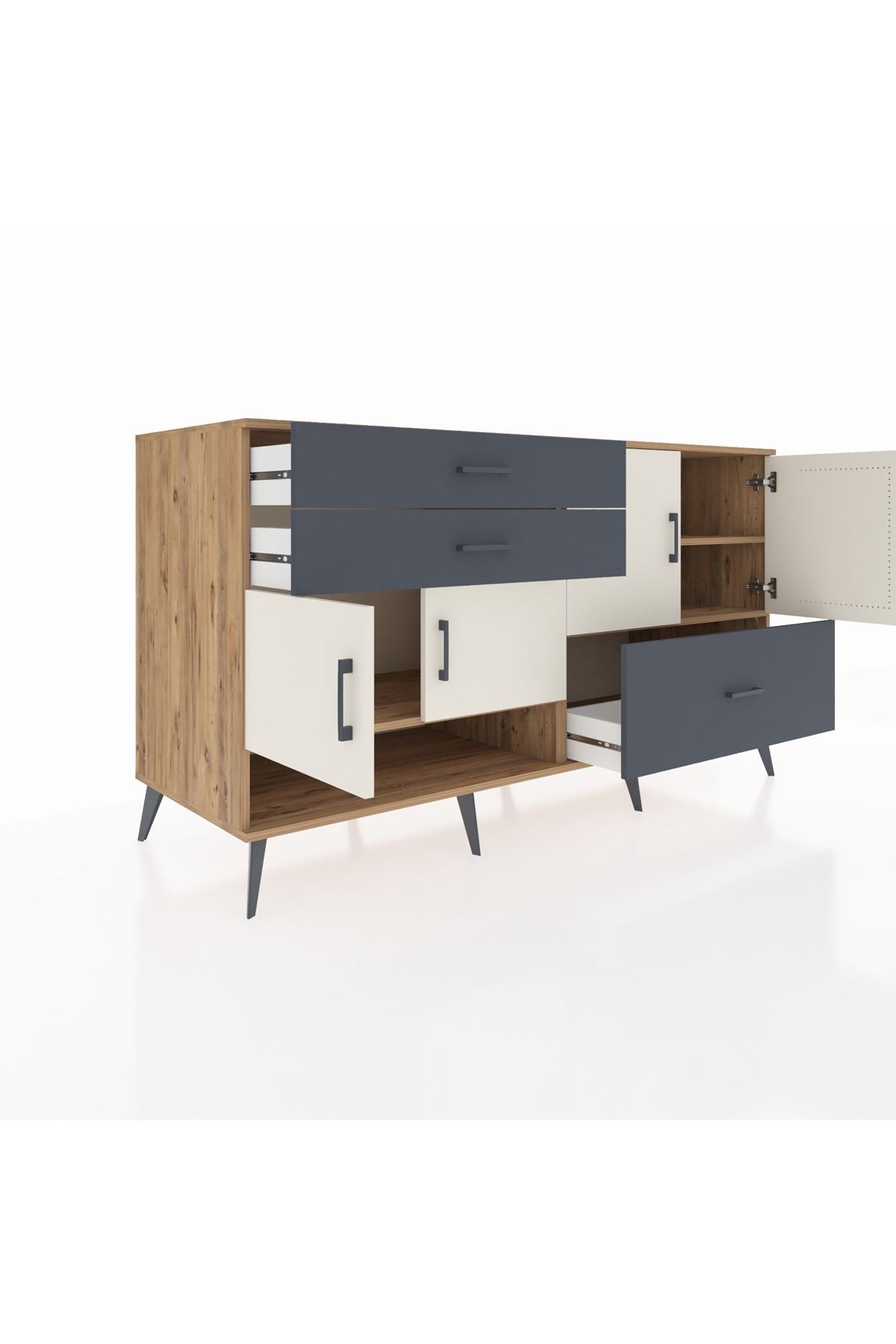 Kronos Konsol 3 Raflı 3 Çekmeceli 4 Kapaklı 176x59x99 Çam-Aytaşı/Antrasit