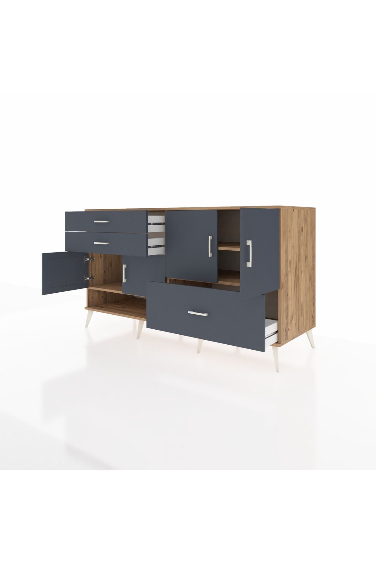 Kronos Konsol 3 Raflı 3 Çekmeceli 4 Kapaklı 176x59x99 Çam-Antrasit