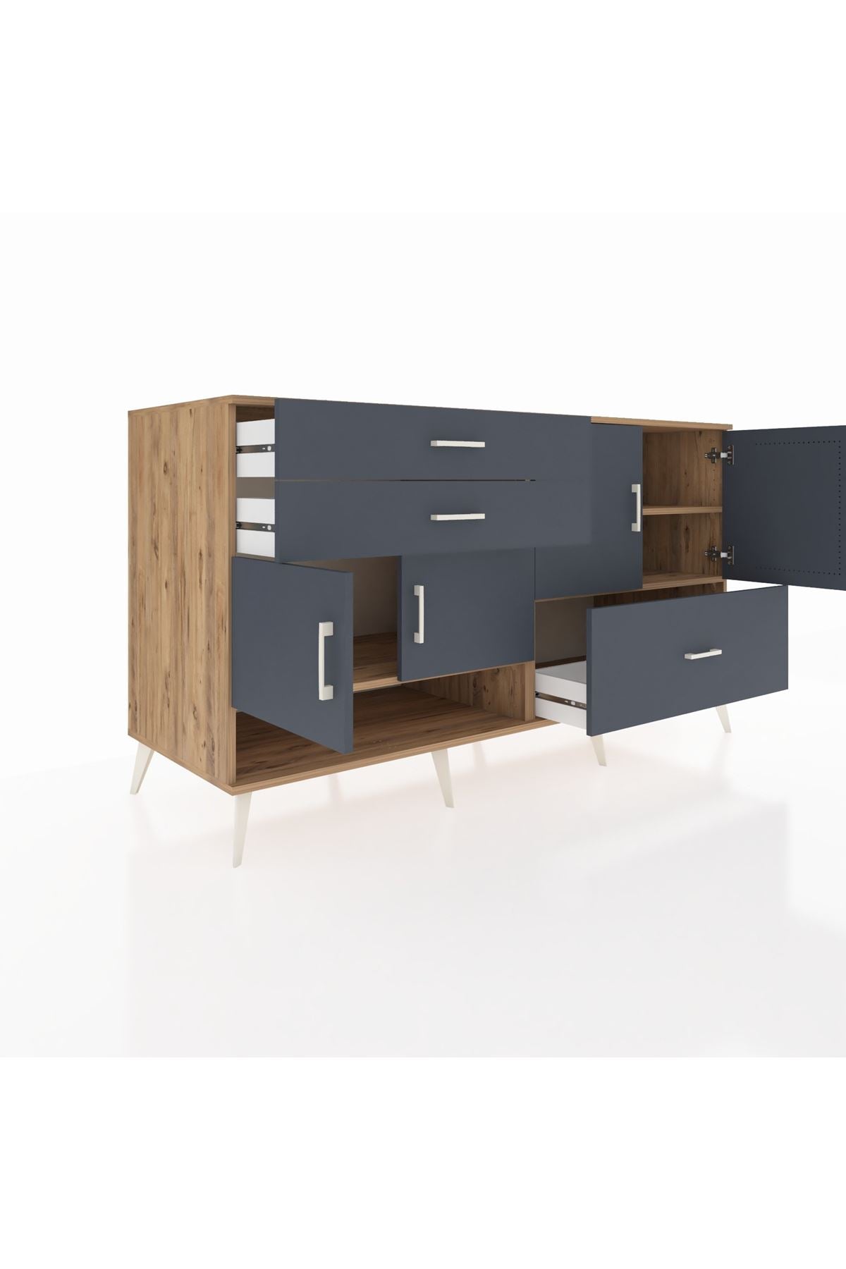 Kronos Konsol 3 Raflı 3 Çekmeceli 4 Kapaklı 176x59x99 Çam-Antrasit