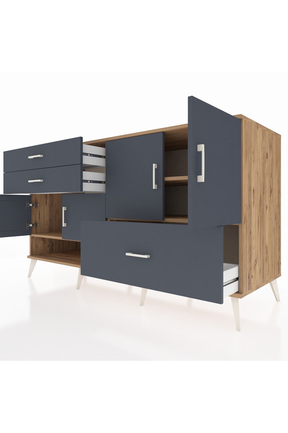 Kronos Konsol 3 Raflı 3 Çekmeceli 4 Kapaklı 176x59x99 Çam-Antrasit