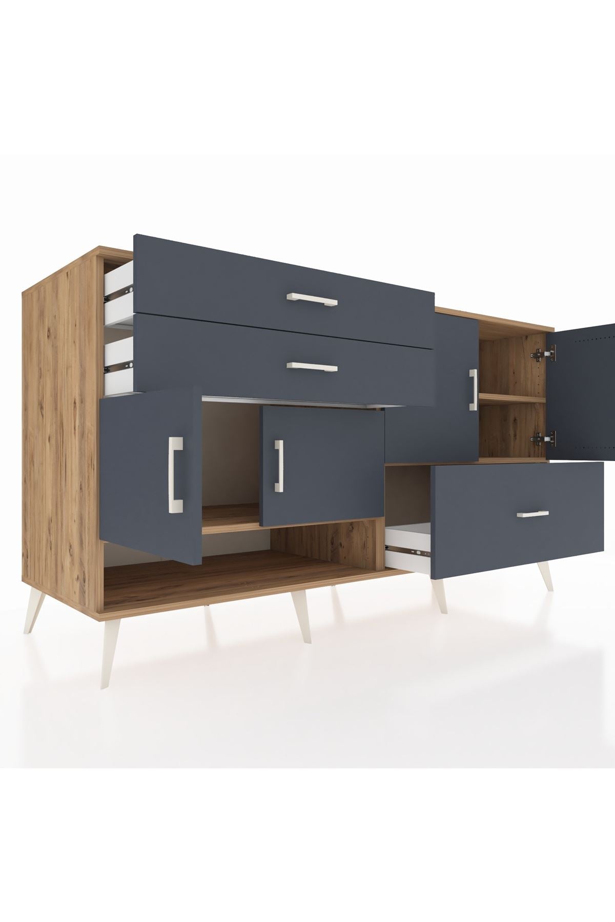 Kronos Konsol 3 Raflı 3 Çekmeceli 4 Kapaklı 176x59x99 Çam-Antrasit