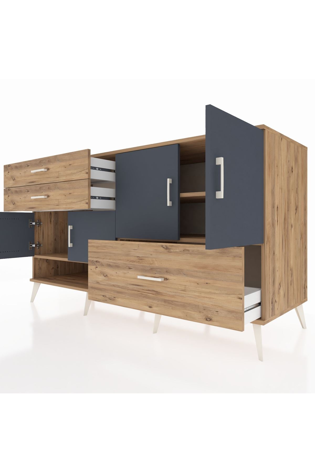 Kronos Konsol 3 Raflı 3 Çekmeceli 4 Kapaklı 176x59x99 Çam-Antrasit/Çam