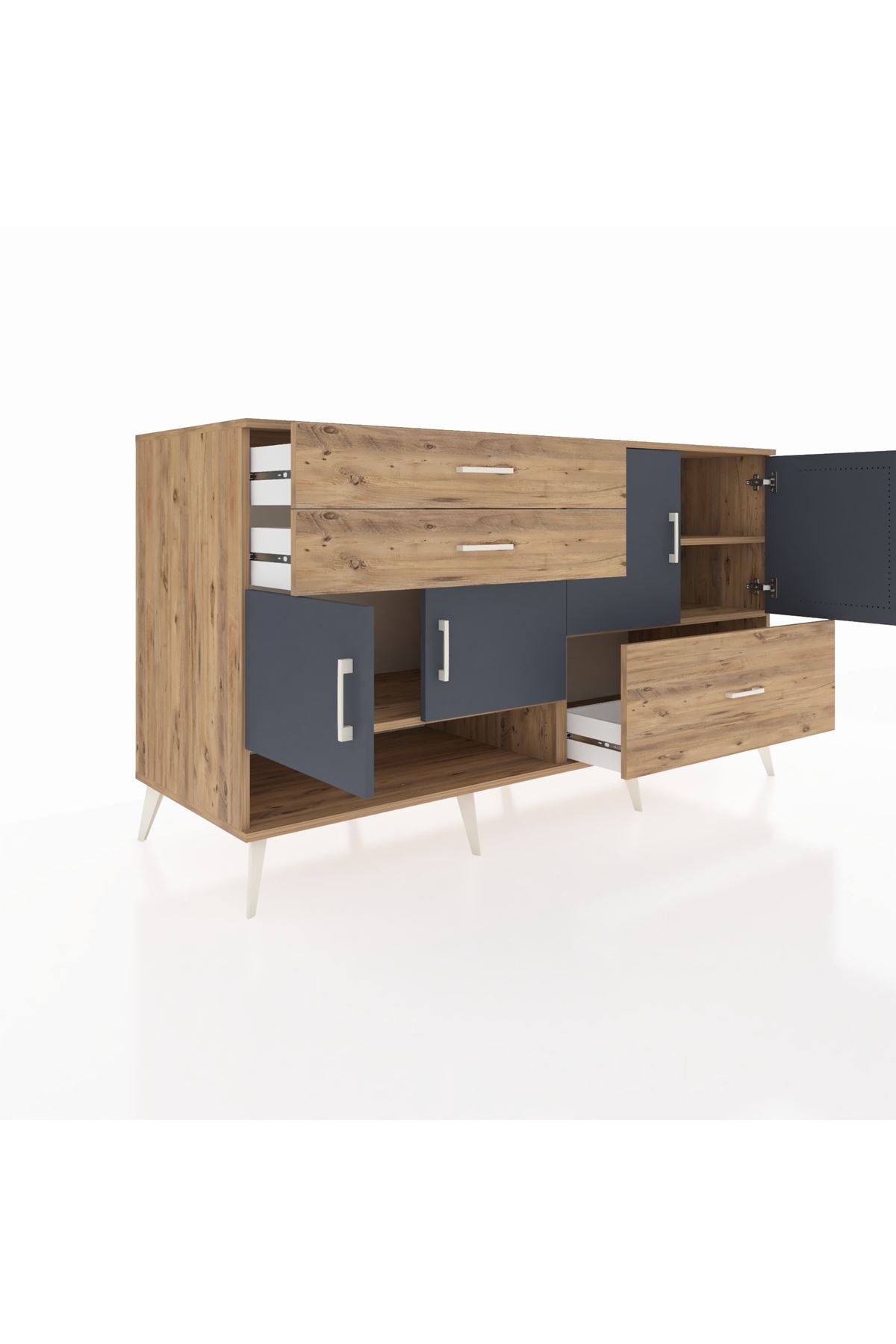 Kronos Konsol 3 Raflı 3 Çekmeceli 4 Kapaklı 176x59x99 Çam-Antrasit/Çam