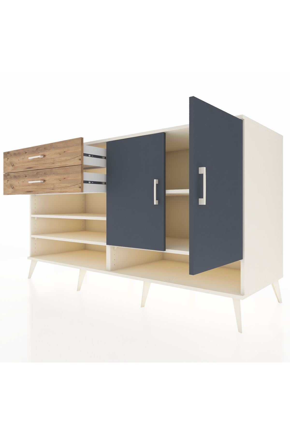 Kronos Konsol 4 Raflı 2 Çekmeceli 2 Kapaklı 176x59x99 Aytaşı-Antrasit/Çam