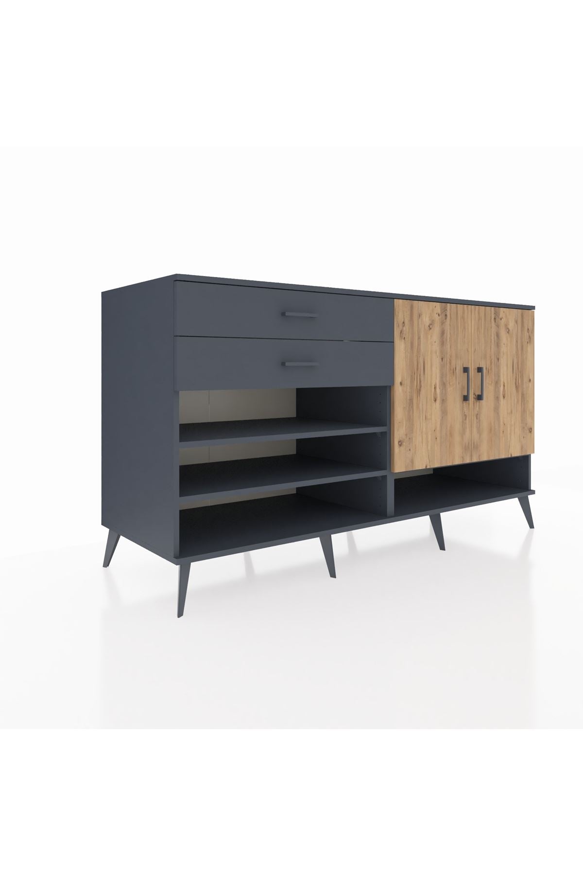 Kronos Konsol 4 Raflı 2 Çekmeceli 2 Kapaklı 176x59x99 Antrasit-Çam/Antrasit