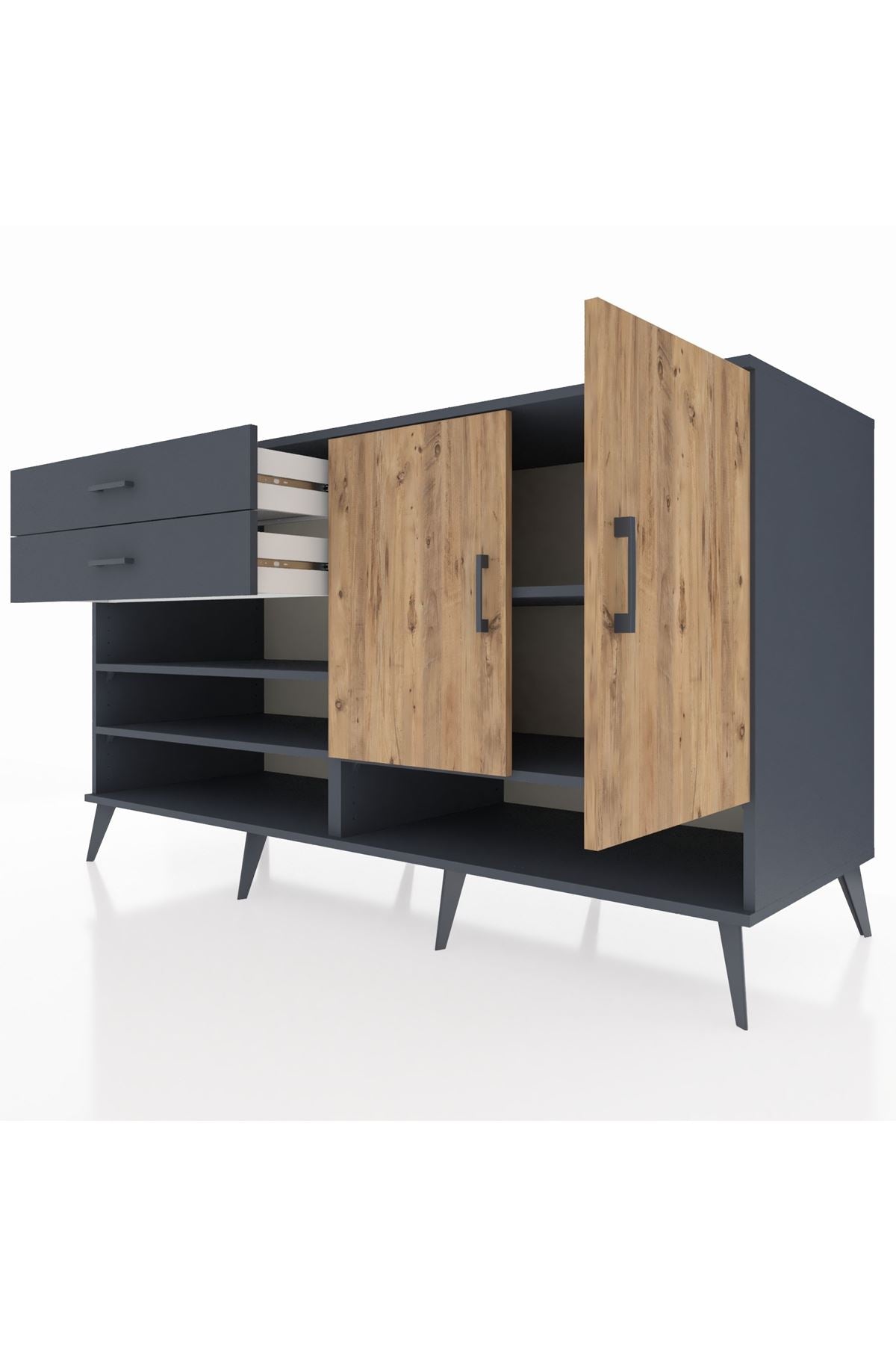 Kronos Konsol 4 Raflı 2 Çekmeceli 2 Kapaklı 176x59x99 Antrasit-Çam/Antrasit