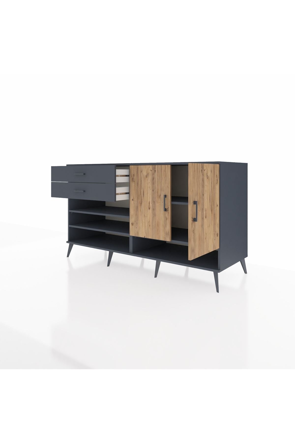 Kronos Konsol 4 Raflı 2 Çekmeceli 2 Kapaklı 176x59x99 Antrasit-Çam/Antrasit