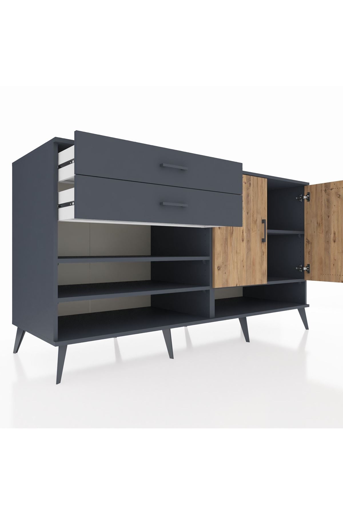 Kronos Konsol 4 Raflı 2 Çekmeceli 2 Kapaklı 176x59x99 Antrasit-Çam/Antrasit