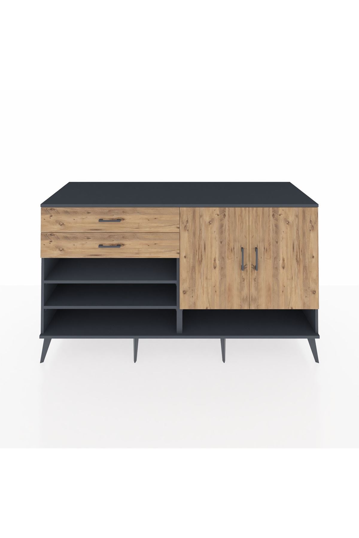 Kronos Konsol 4 Raflı 2 Çekmeceli 2 Kapaklı 176x59x99 Antrasit-Çam