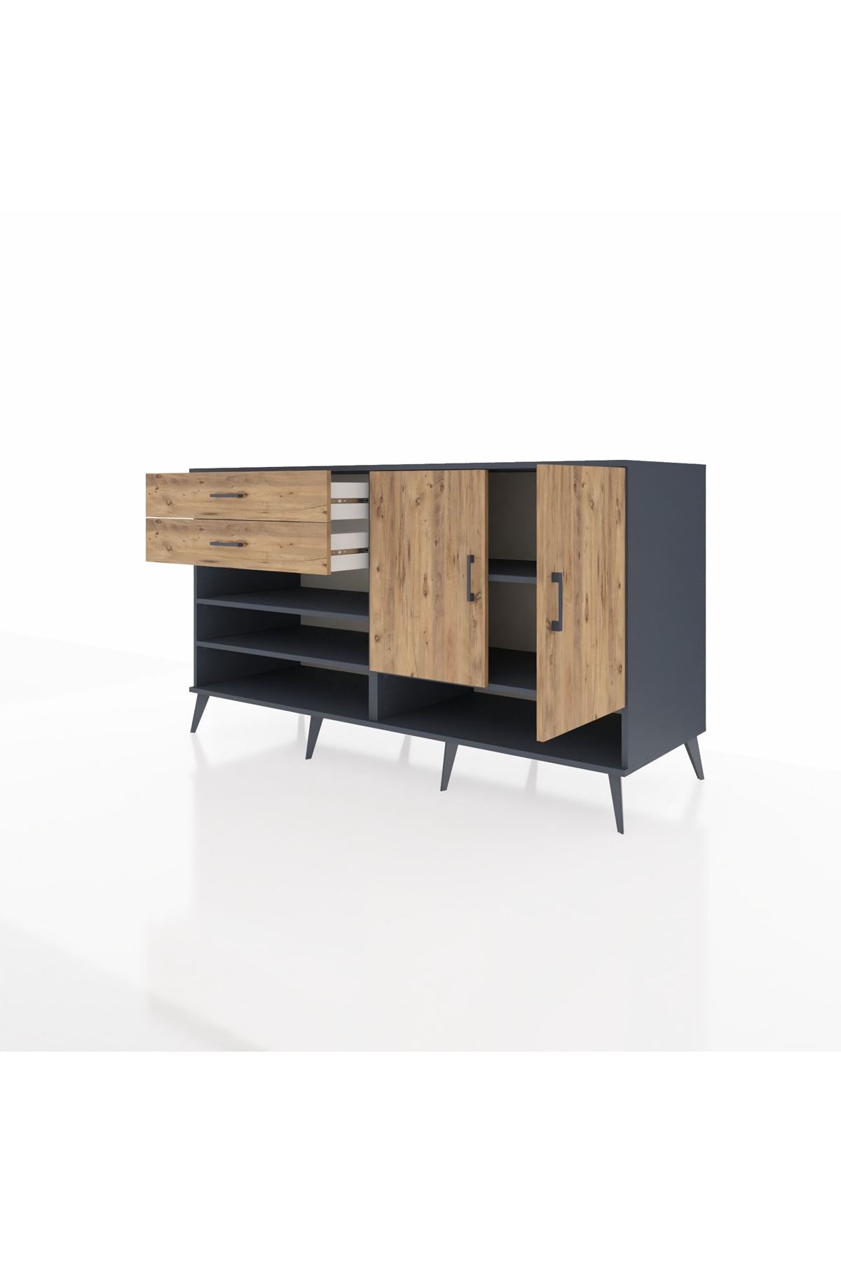 Kronos Konsol 4 Raflı 2 Çekmeceli 2 Kapaklı 176x59x99 Antrasit-Çam