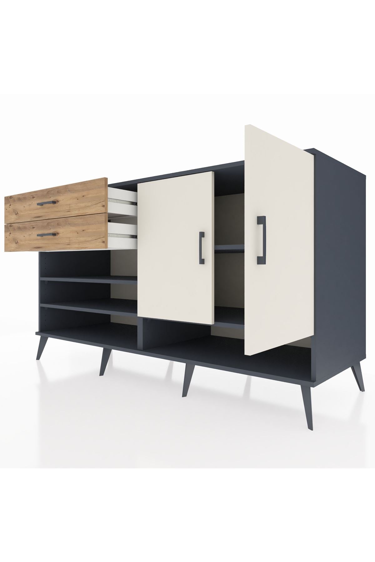 Kronos Konsol 4 Raflı 2 Çekmeceli 2 Kapaklı 176x59x99 Antrasit-Aytaşı/Çam