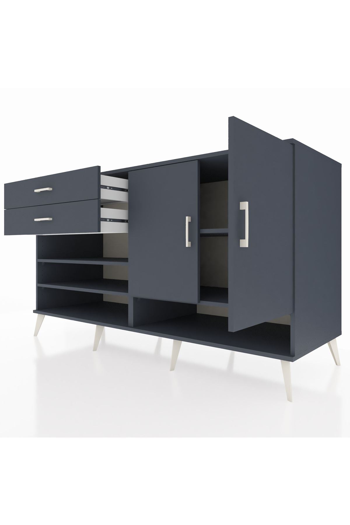 Kronos Konsol 4 Raflı 2 Çekmeceli 2 Kapaklı 176x59x99 Antrasit-Antrasit