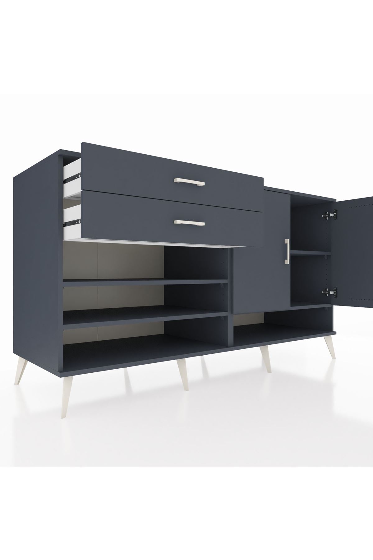 Kronos Konsol 4 Raflı 2 Çekmeceli 2 Kapaklı 176x59x99 Antrasit-Antrasit