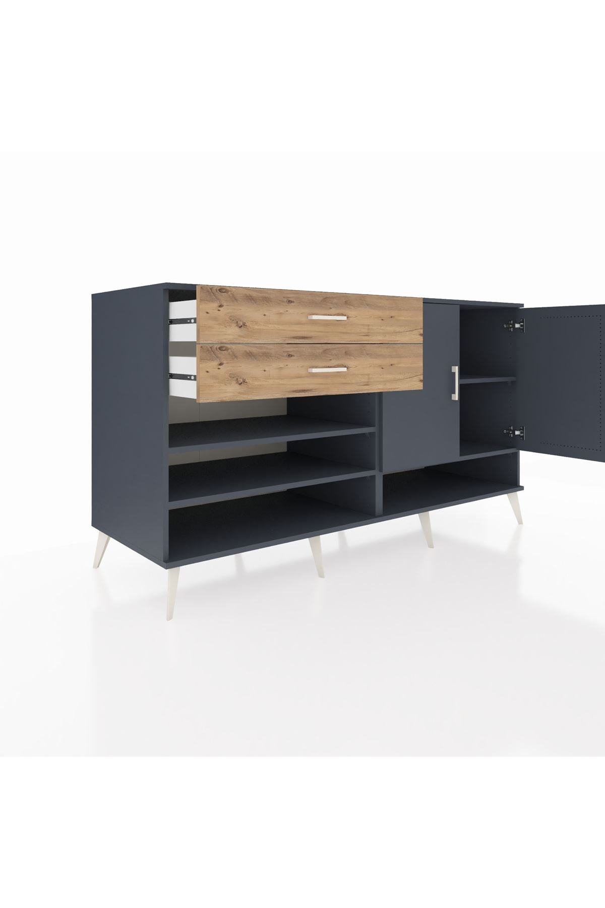 Kronos Konsol 4 Raflı 2 Çekmeceli 2 Kapaklı 176x59x99 Antrasit-Antrasit/Çam