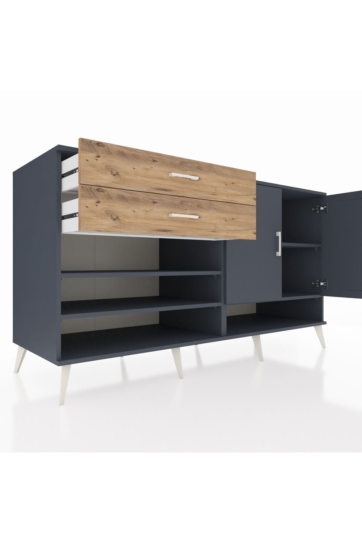 Kronos Konsol 4 Raflı 2 Çekmeceli 2 Kapaklı 176x59x99 Antrasit-Antrasit/Çam