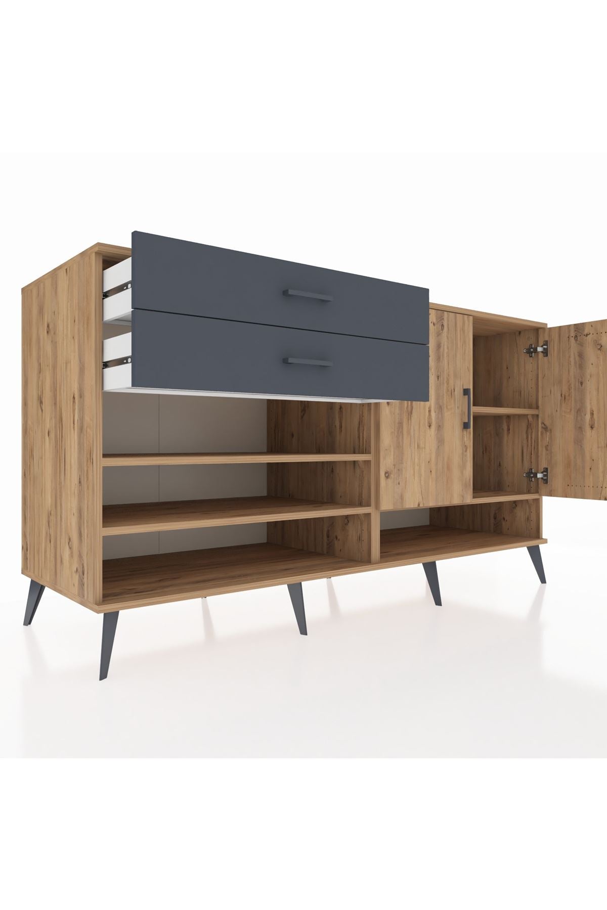 Kronos Konsol 4 Raflı 2 Çekmeceli 2 Kapaklı 176x59x99 Çam-Çam/Antrasit