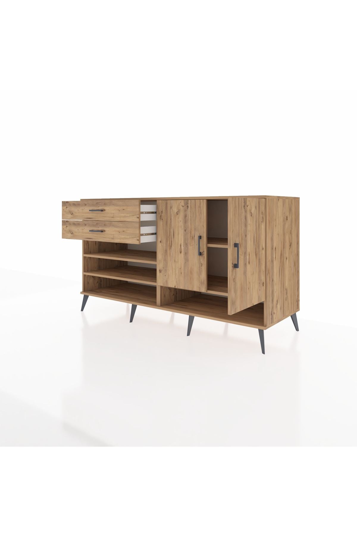 Kronos Konsol 4 Raflı 2 Çekmeceli 2 Kapaklı 176x59x99 Çam-Çam