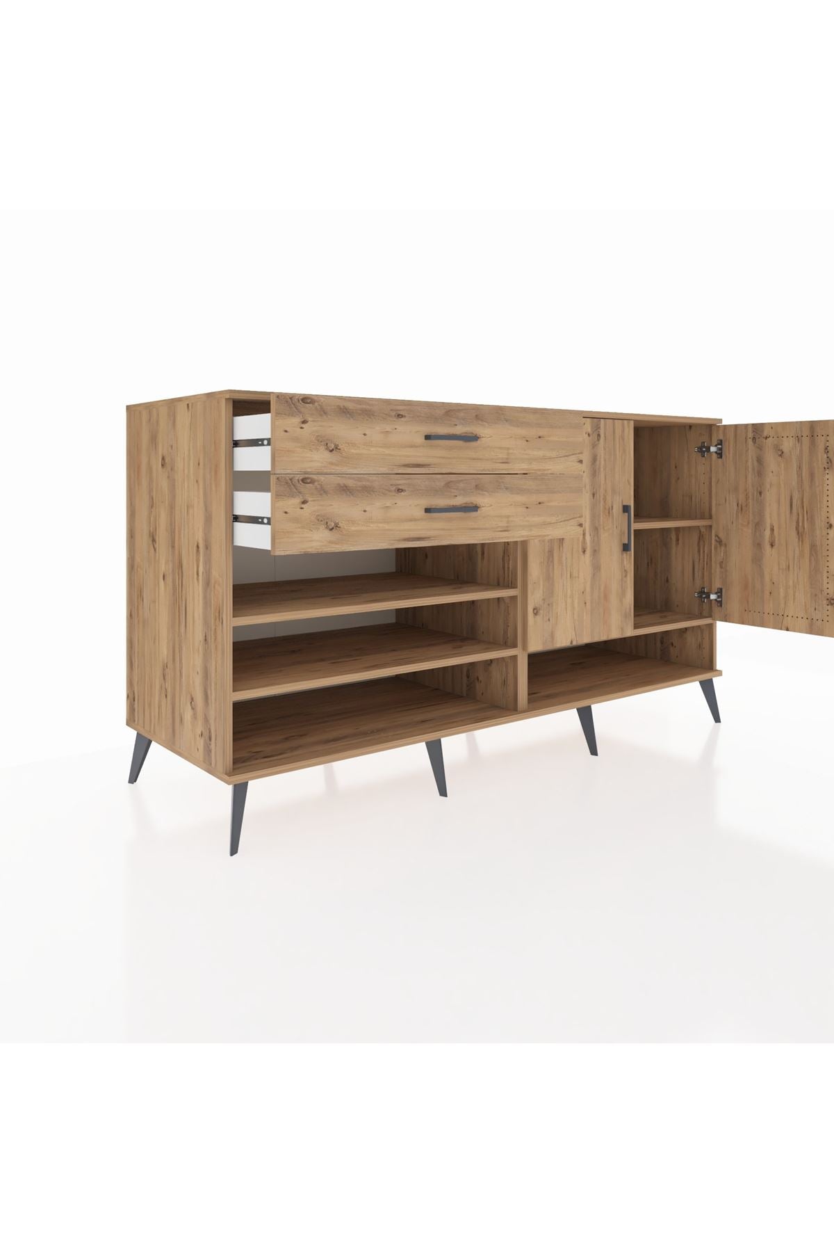 Kronos Konsol 4 Raflı 2 Çekmeceli 2 Kapaklı 176x59x99 Çam-Çam