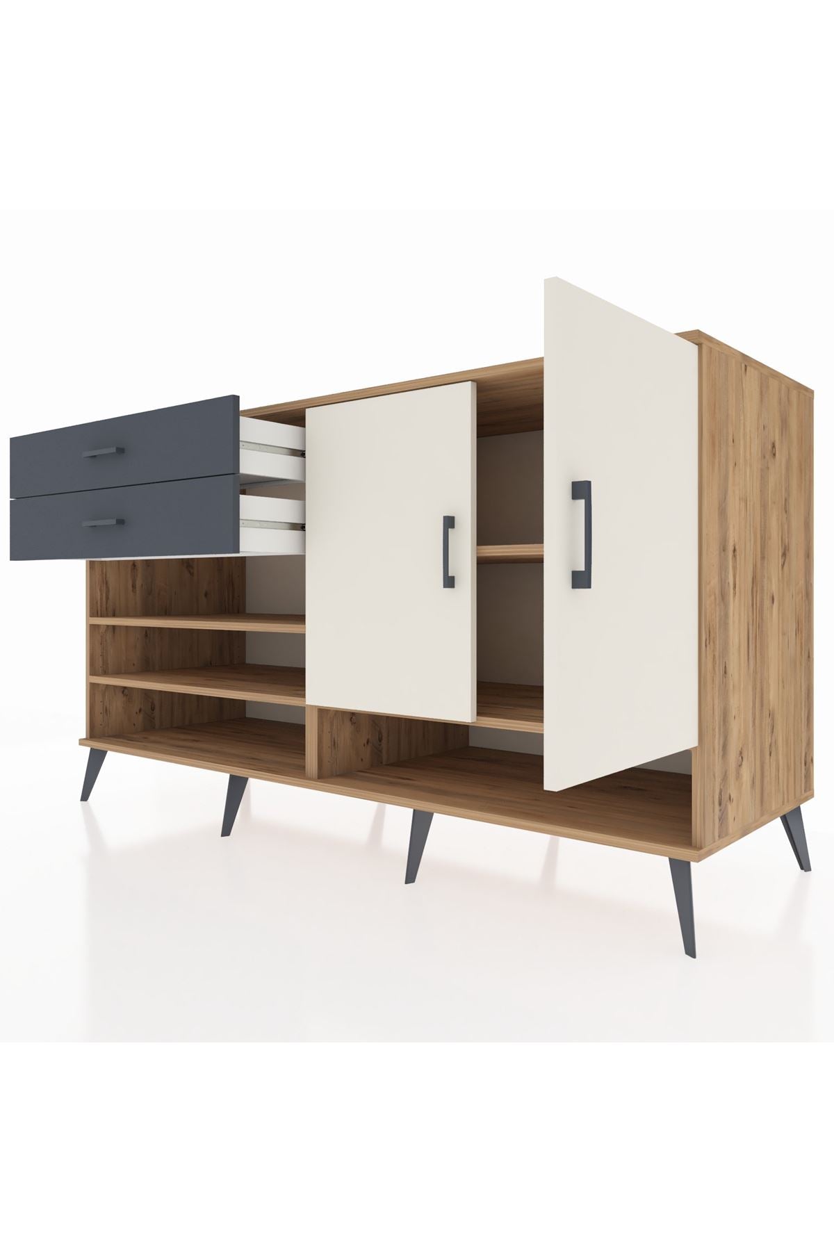 Kronos Konsol 4 Raflı 2 Çekmeceli 2 Kapaklı 176x59x99 Çam-Aytaşı/Antrasit