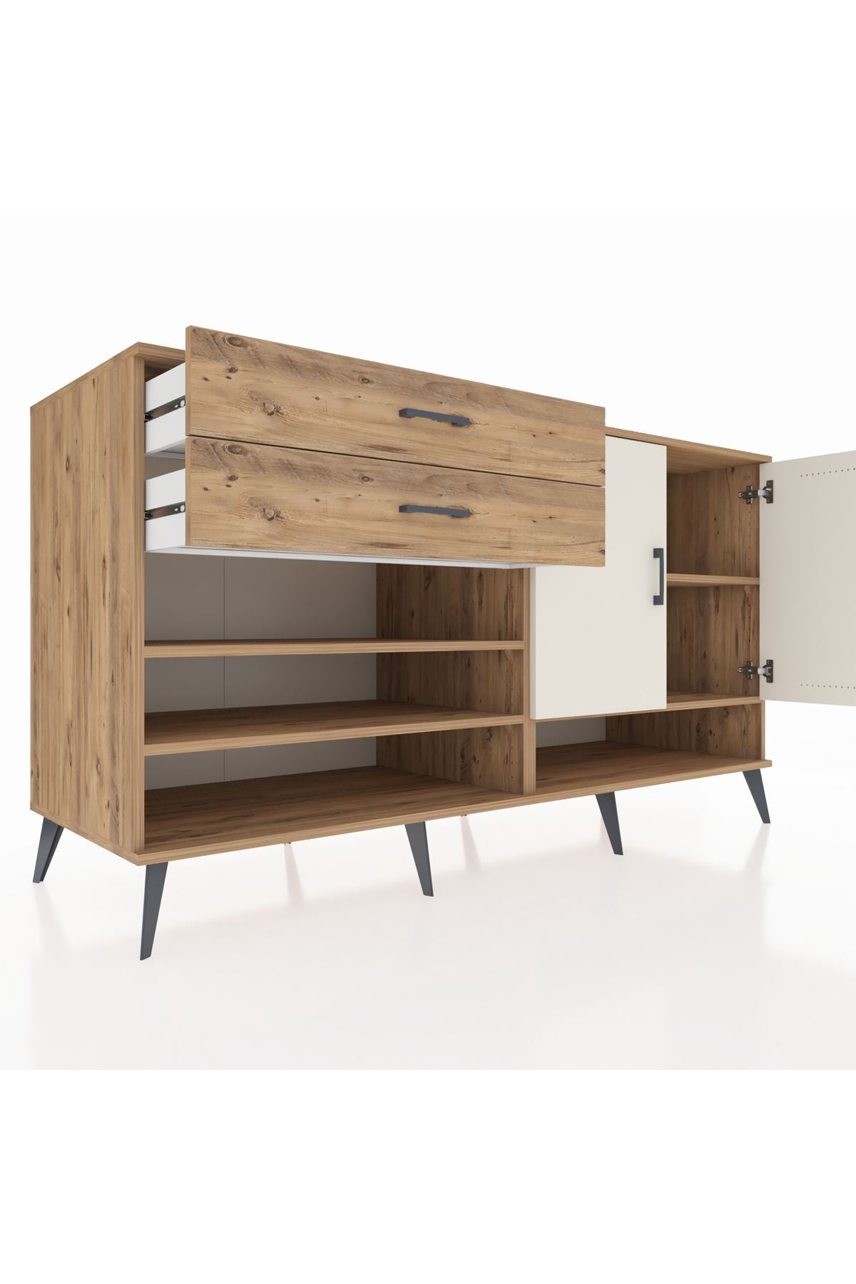 Kronos Konsol 4 Raflı 2 Çekmeceli 2 Kapaklı 176x59x99 Çam-Aytaşı/Çam