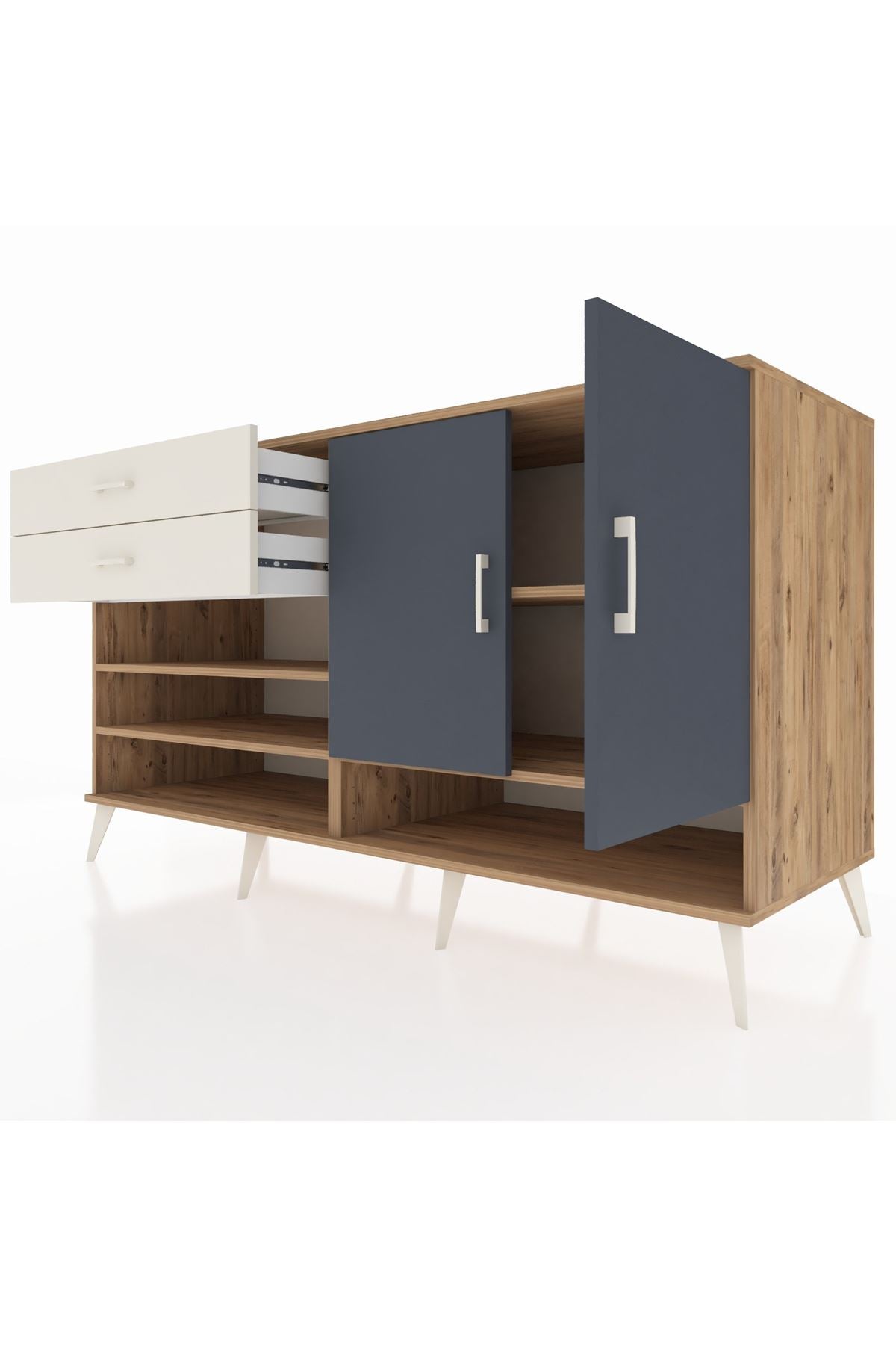 Kronos Konsol 4 Raflı 2 Çekmeceli 2 Kapaklı 176x59x99 Çam-Antrasit/Aytaşı