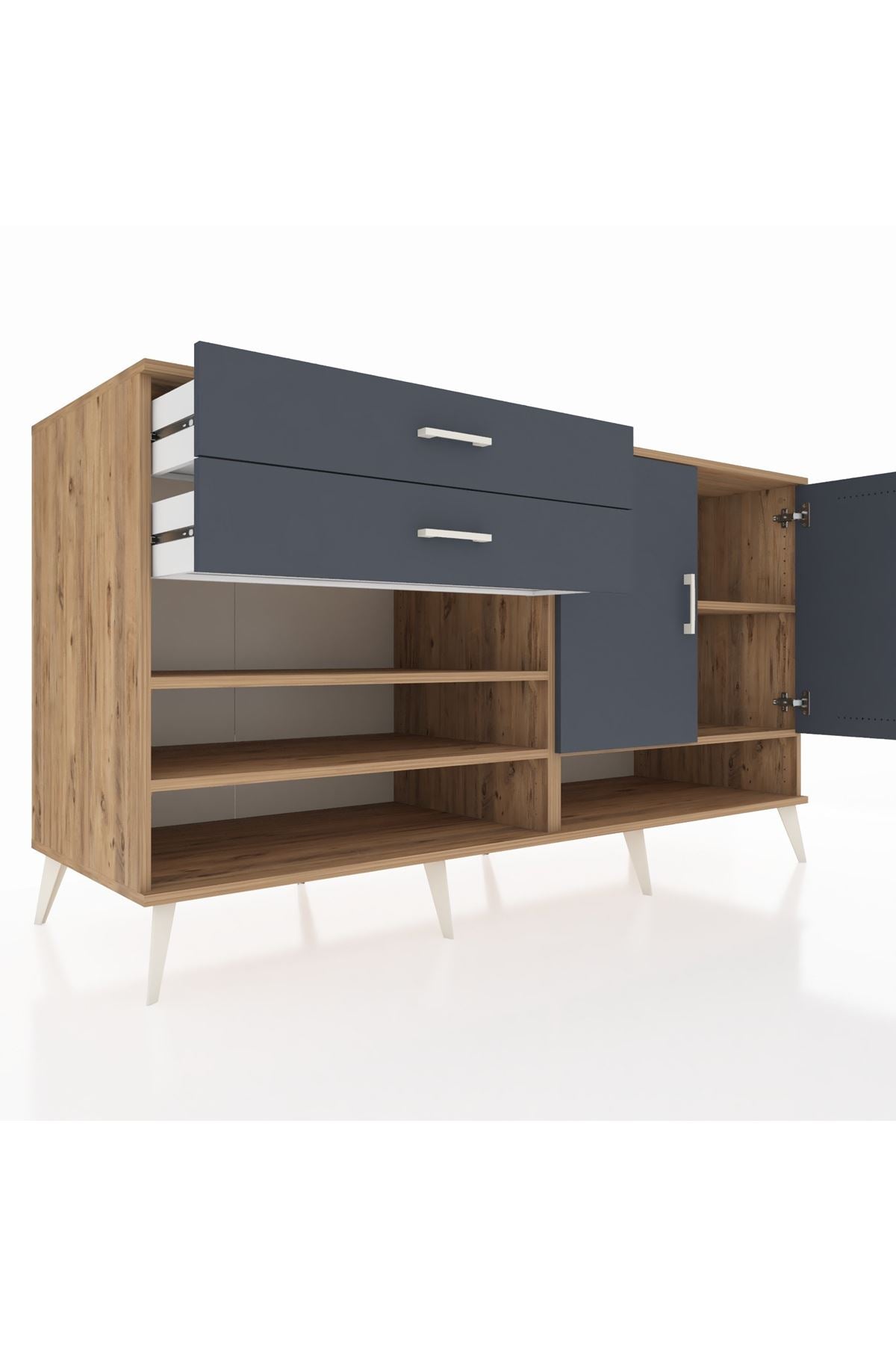 Kronos Konsol 4 Raflı 2 Çekmeceli 2 Kapaklı 176x59x99 Çam-Antrasit