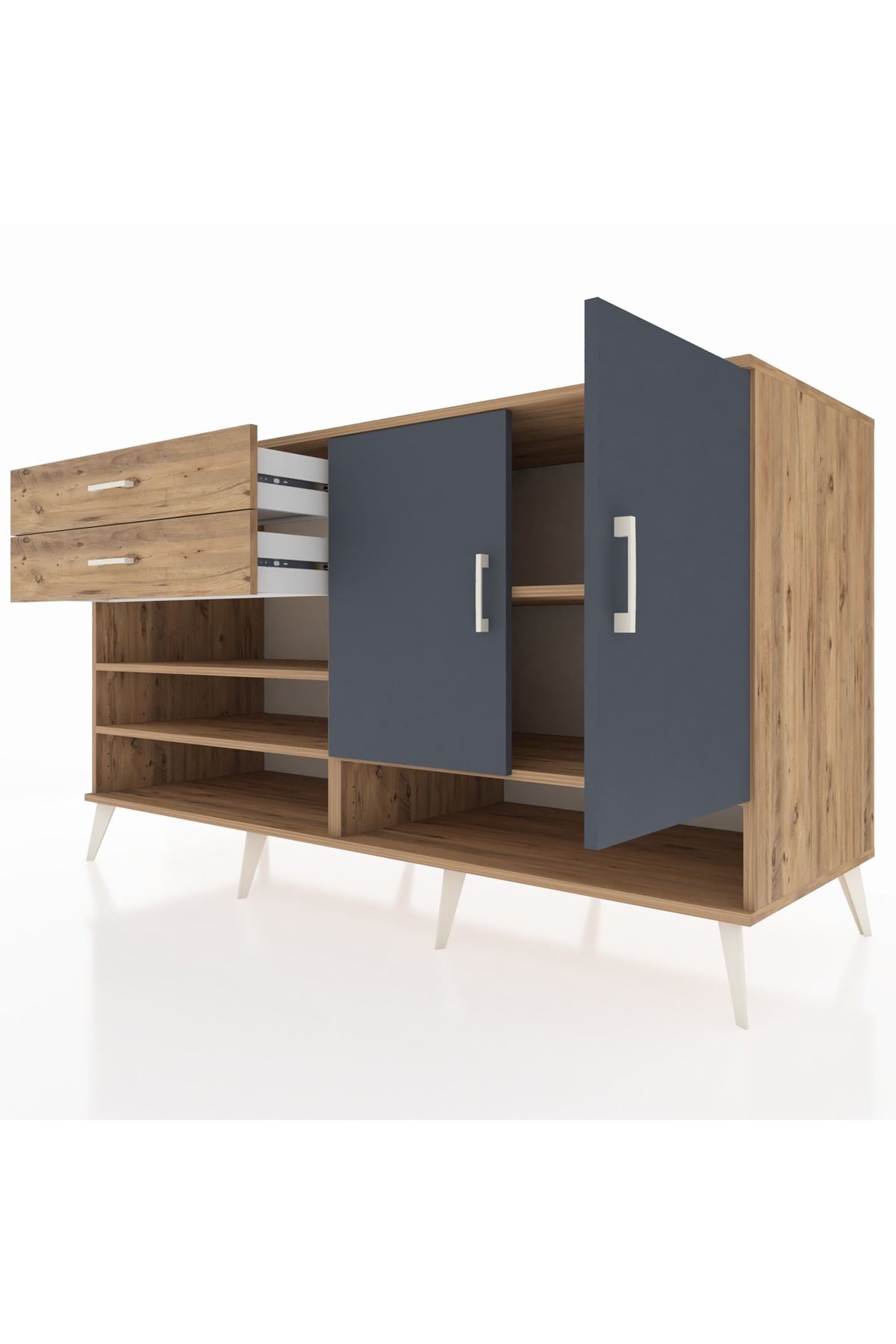 Kronos Konsol 4 Raflı 2 Çekmeceli 2 Kapaklı 176x59x99 Çam-Antrasit/Çam