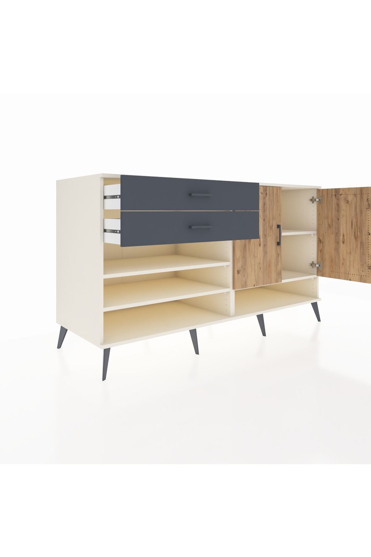 Kronos Konsol 4 Raflı 2 Çekmeceli 2 Kapaklı 176x59x99 Aytaşı-Çam/Antrasit