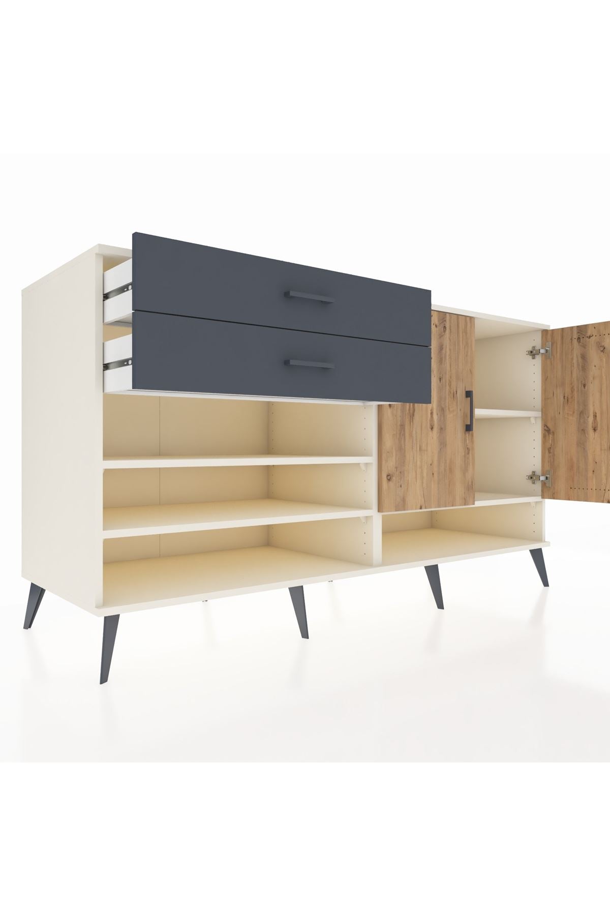 Kronos Konsol 4 Raflı 2 Çekmeceli 2 Kapaklı 176x59x99 Aytaşı-Çam/Antrasit